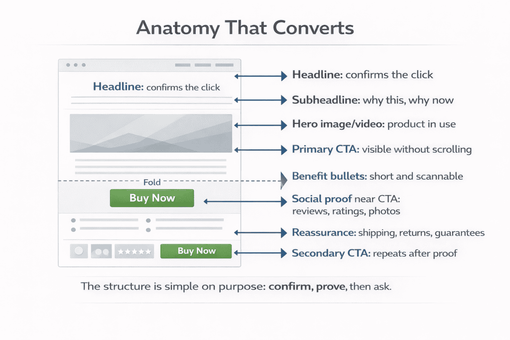 Labeled wireframe showing the key sections of a high-converting ecommerce landing page and where they sit on the page