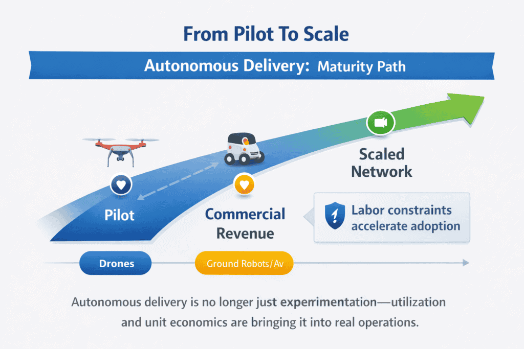 Roadmap showing autonomous delivery moving from pilot programs to commercial revenue and scaled networks with drones and ground robots marked