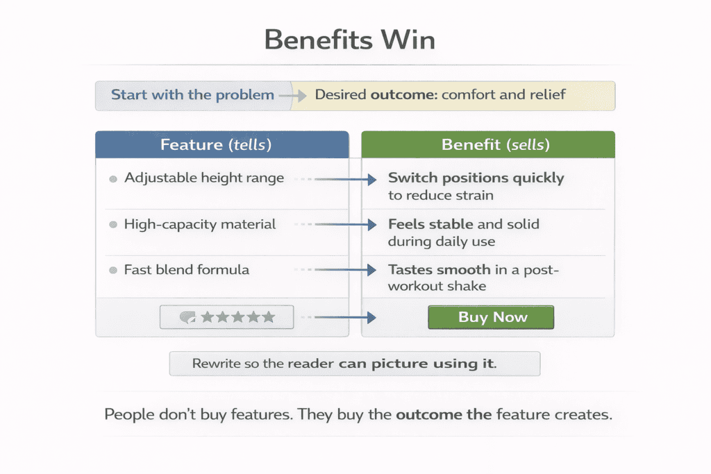 Before-and-after panel showing how to rewrite product features into customer benefits that address real problems