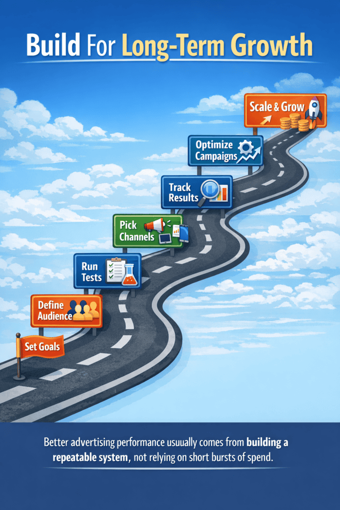 Roadmap graphic showing the structure of a long-term advertising plan for business growth