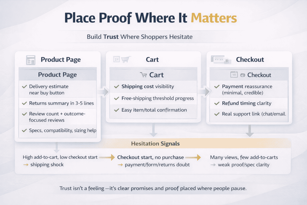 Diagram showing where to place shipping, returns, reviews, and proof elements across product page, cart, and checkout