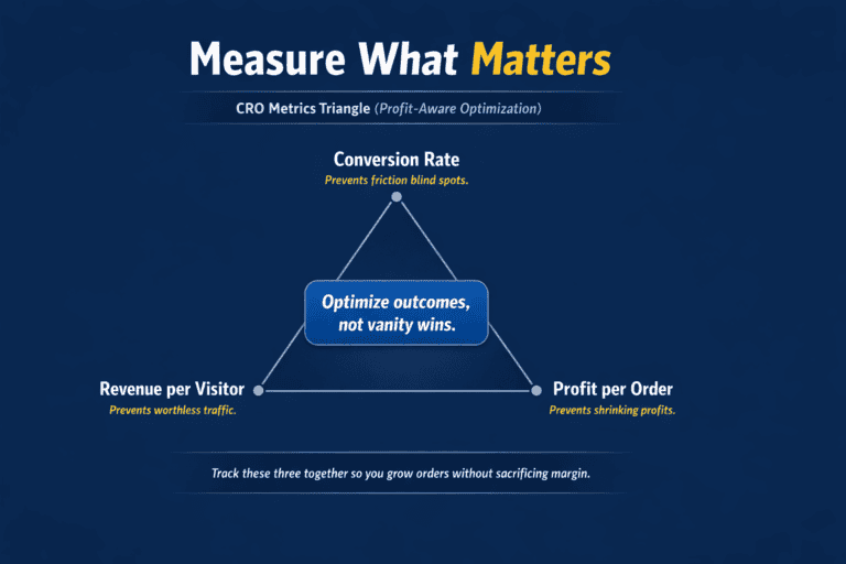 Triangle diagram showing conversion rate, revenue per visitor, and profit per order as the core metrics for conversion optimization