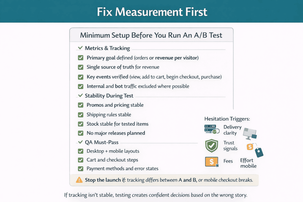 Checklist card showing the minimum setup needed before launching an A/B test on an ecommerce site