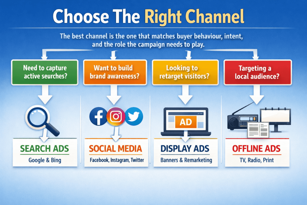 Decision-style graphic showing how different advertising channels fit different business needs