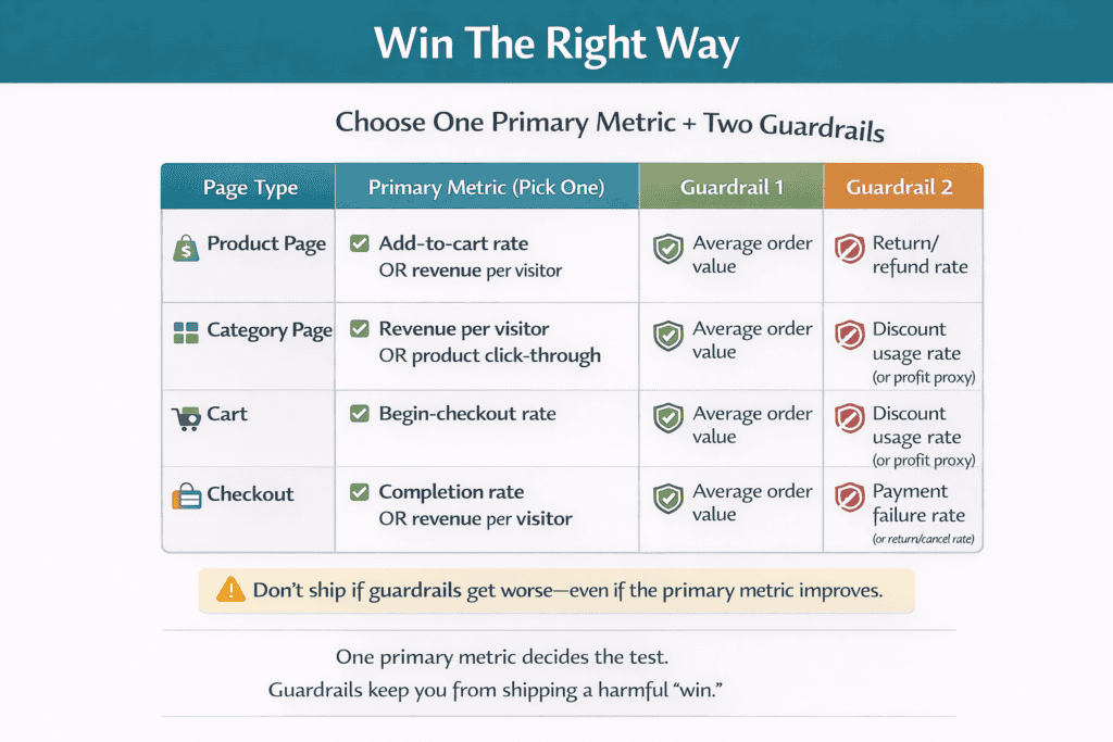 Matrix showing which primary metric and guardrails to use for product, category, cart, and checkout tests
