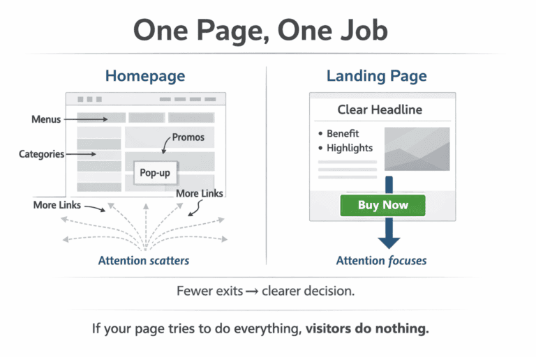 Side-by-side comparison showing a busy homepage with many exits versus a focused landing page with a single action