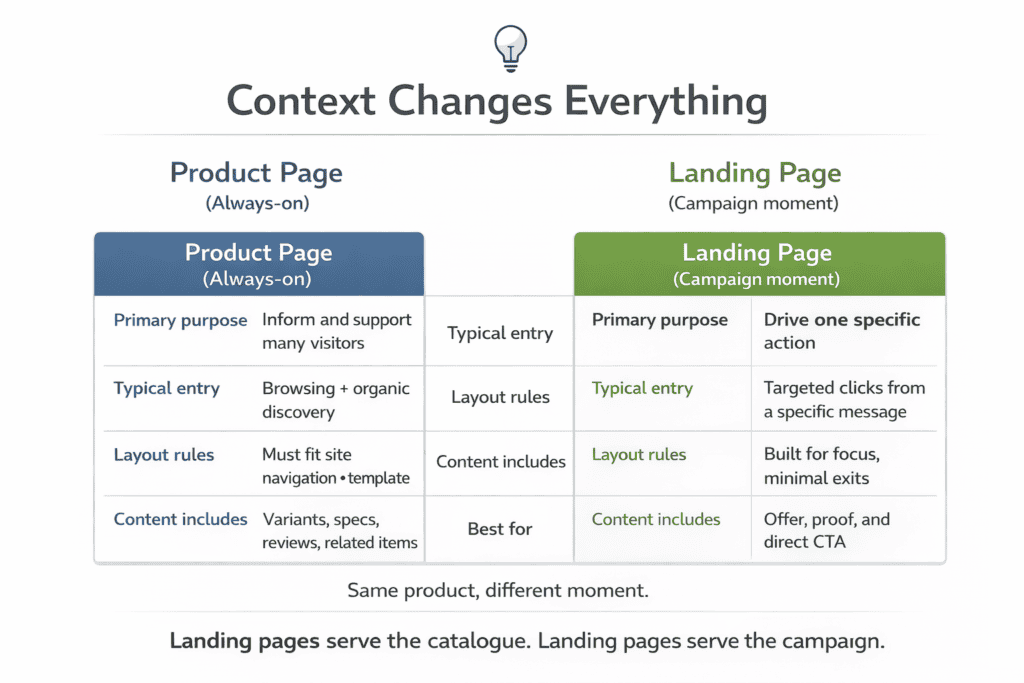 Comparison cards showing how product pages differ from landing pages in purpose, traffic, constraints, and goals