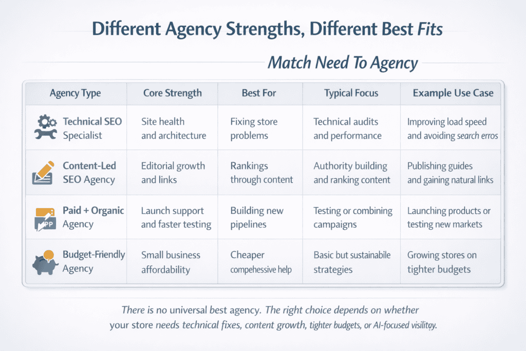 Comparison table showing different ecommerce SEO agency types and the business needs they suit best File Name: ecommerce-seo-agency-type-comparison