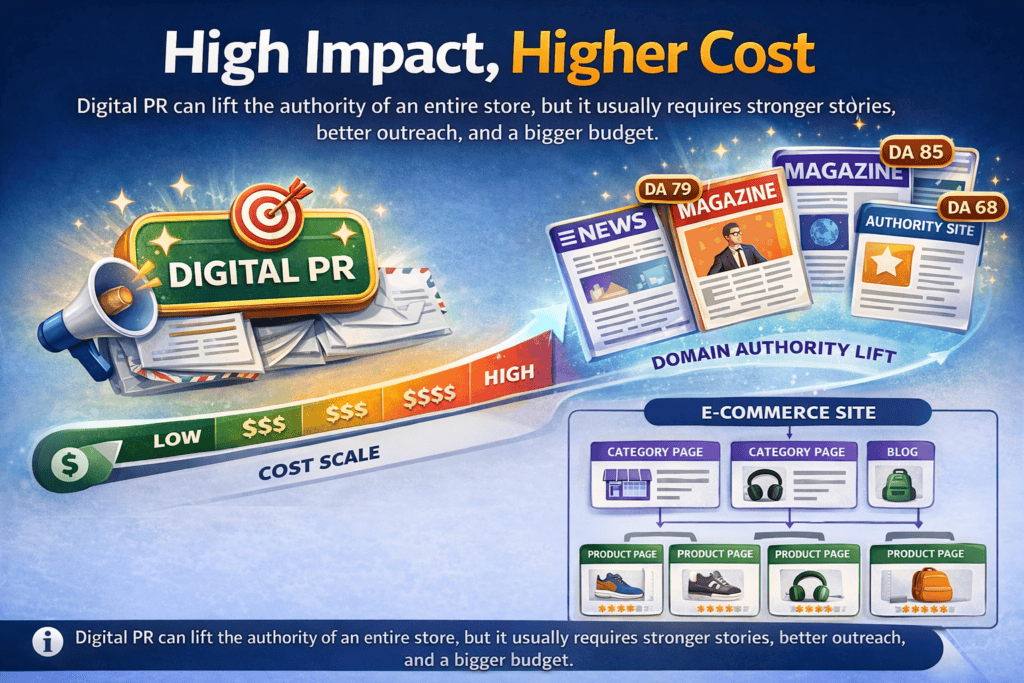 Infographic showing digital PR as a high-impact but expensive link building strategy for e-commerce brands