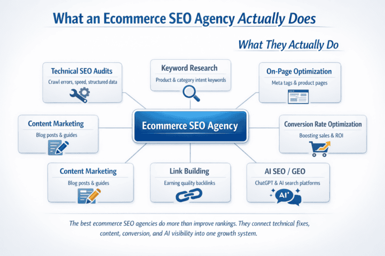 Service map showing the main functions an ecommerce SEO agency provides for online stores File Name: ecommerce-seo-agency-services-map