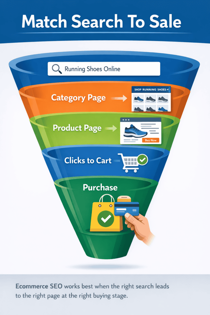 Funnel graphic showing how ecommerce SEO guides shoppers from search query to category page to product page to purchase