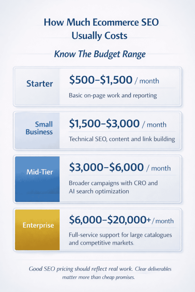 Pricing guide showing common monthly ecommerce SEO budget ranges and the services usually included at each level