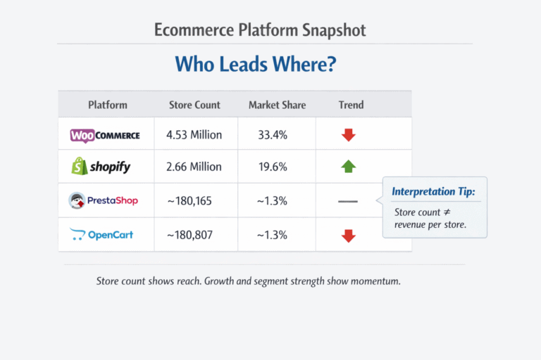 Comparison table showing store count, market share, and trend direction for four ecommerce platforms