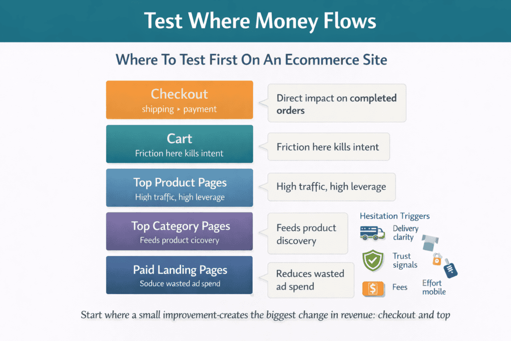 Prioritized stack showing the highest impact ecommerce pages to test and why each matters File Name: ecommerce-test-priority-stack
