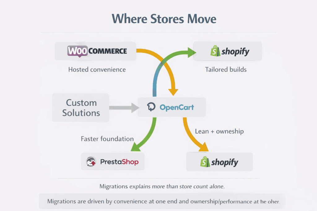 Flow diagram showing platform migration directions and the main reasons merchants move