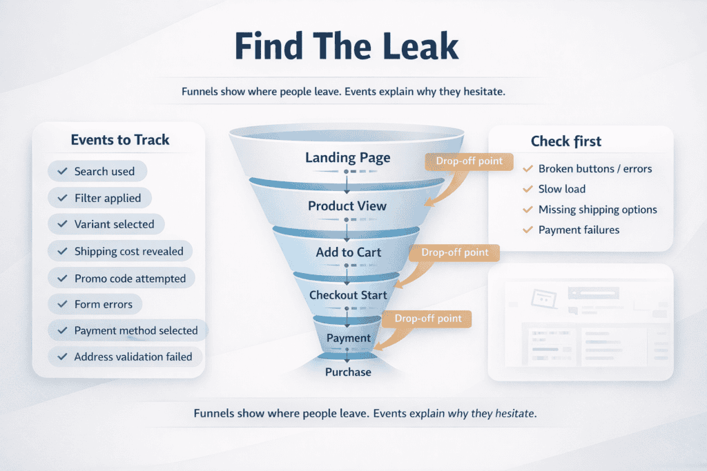 Funnel diagram showing the ecommerce path from landing page to purchase with tracking events that explain drop-offs