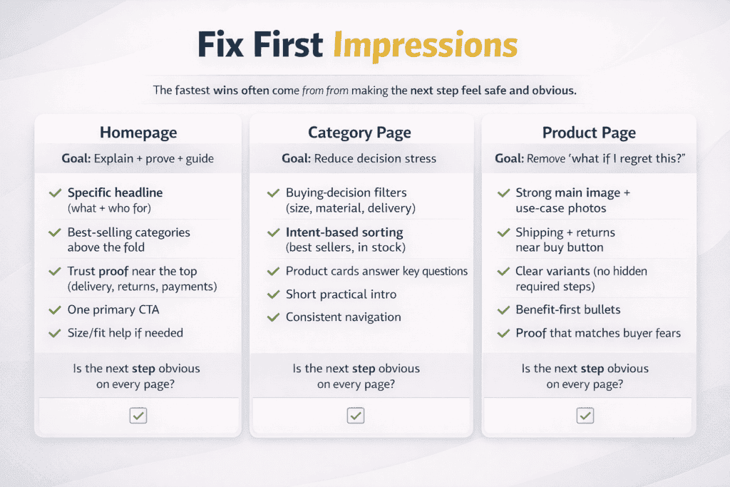 Three-column checklist showing homepage, category page, and product page fixes that reduce doubt and improve conversion