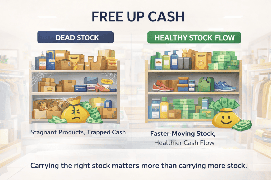 Comparison graphic showing the difference between overstocked slow-moving inventory and healthy fast-moving stock flow