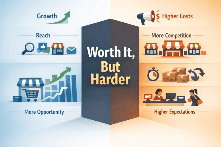 Infographic showing ecommerce as a growing but more demanding business environment with both opportunity and pressure