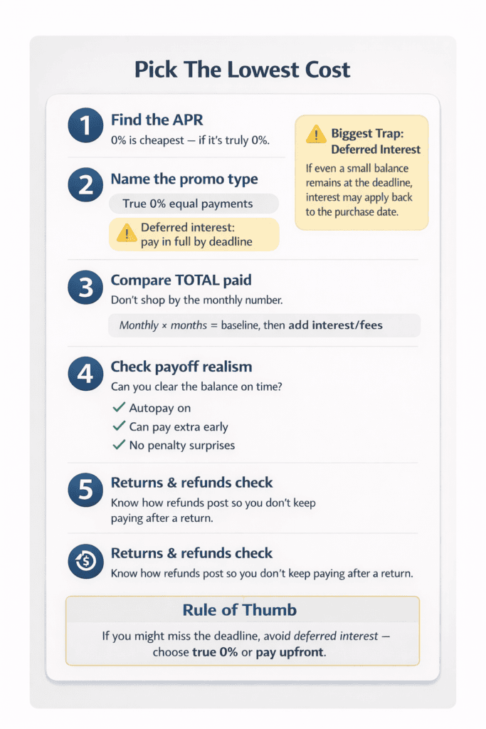 Step-by-step checklist card for choosing the lowest-cost financing plan by comparing APR, promo rules, and total paid