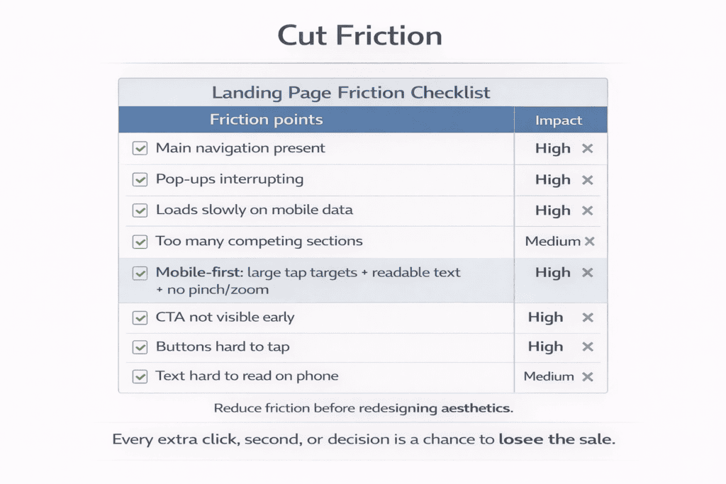 Checklist scorecard of common landing page friction points and their impact on conversions, including mobile usability