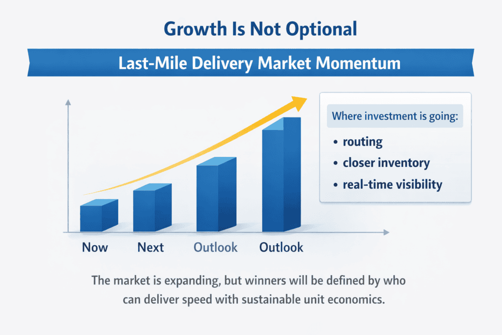 Chart showing last-mile delivery market growth trend with key milestones and an investment focus callout