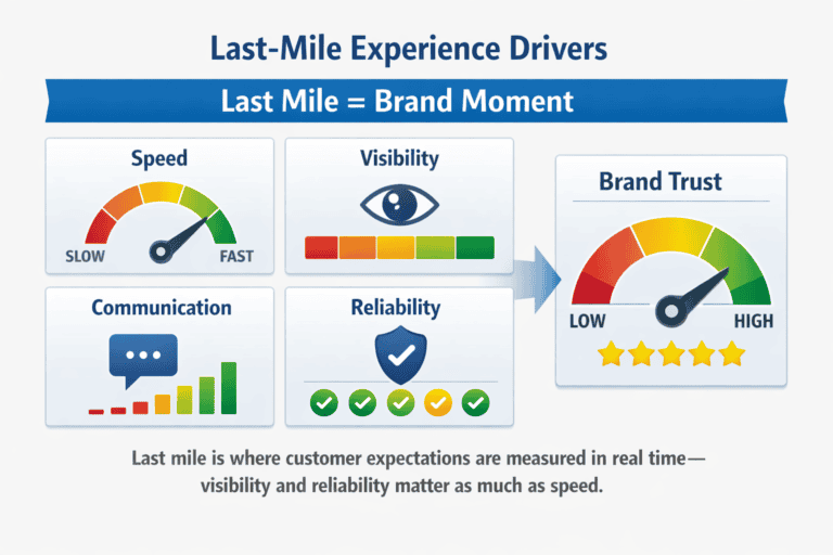 Dashboard showing delivery speed, visibility, communication, and reliability contributing to customer trust and loyalty