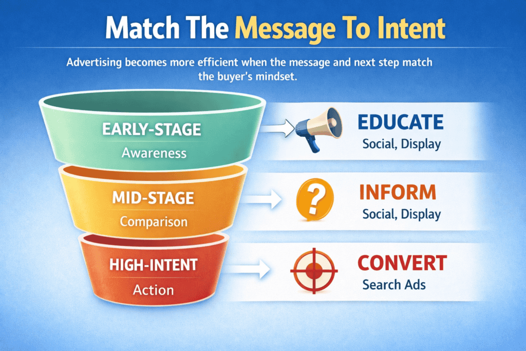 Buyer intent funnel showing how advertising should match awareness, comparison, and action stages