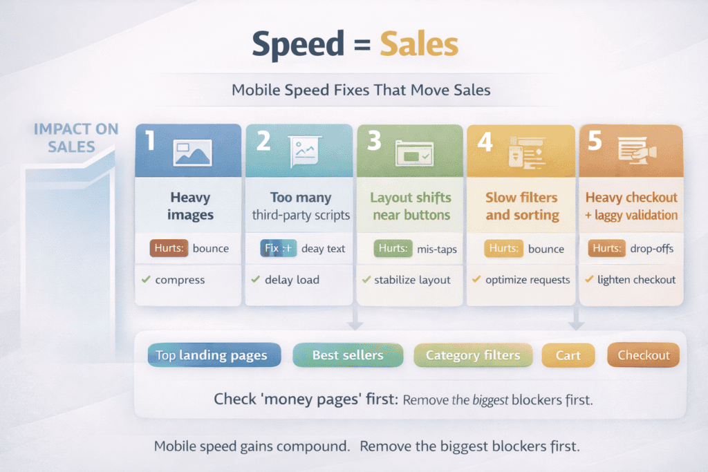 Priority board showing common mobile speed problems and the highest-impact fixes for ecommerce pages
