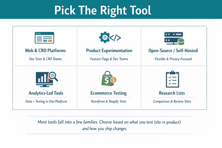 Grid showing major A/B testing tool categories with typical use cases and best-fit teams