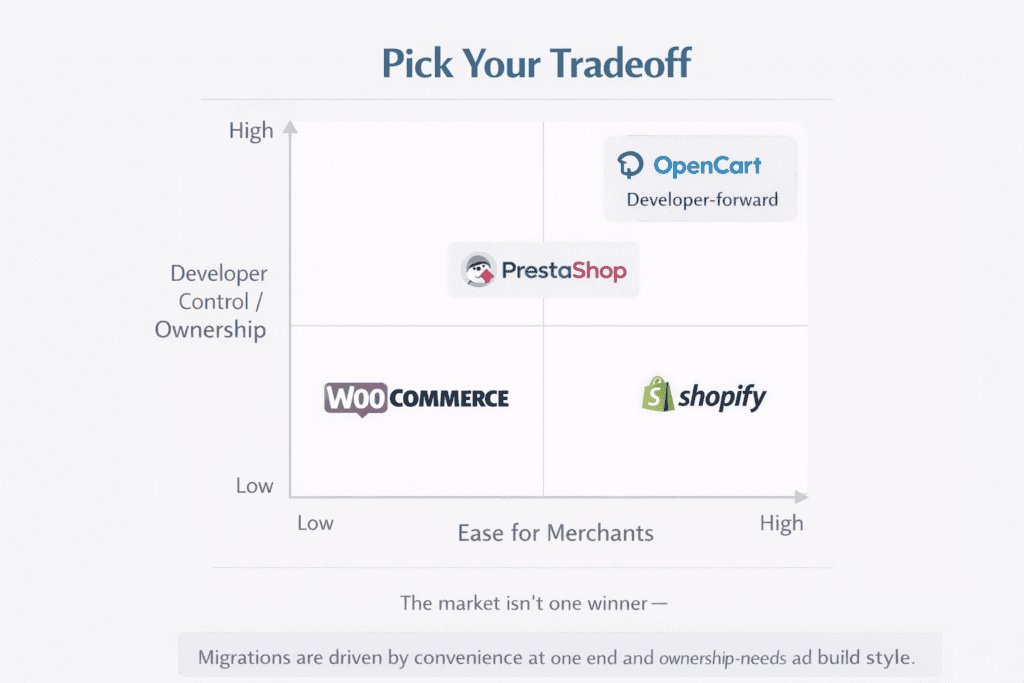 Two-by-two matrix showing ecommerce platforms by ease of use and developer ownershi
