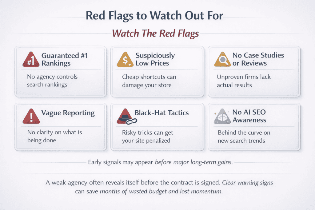Warning panel showing common red flags businesses should watch for before hiring an ecommerce SEO agency