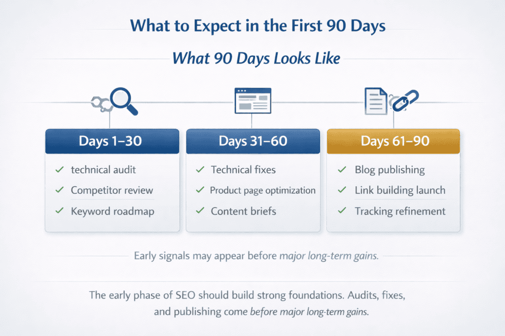 Timeline showing the first three stages of work most ecommerce SEO agencies complete in the early months of a campaign
