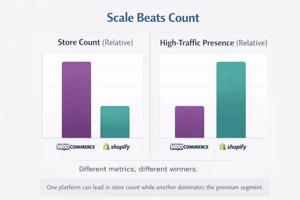 Two-metric chart comparing store count and high-traffic presence between two ecommerce platforms
