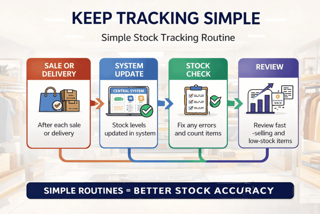 Workflow graphic showing a simple stock tracking routine for a small retail business