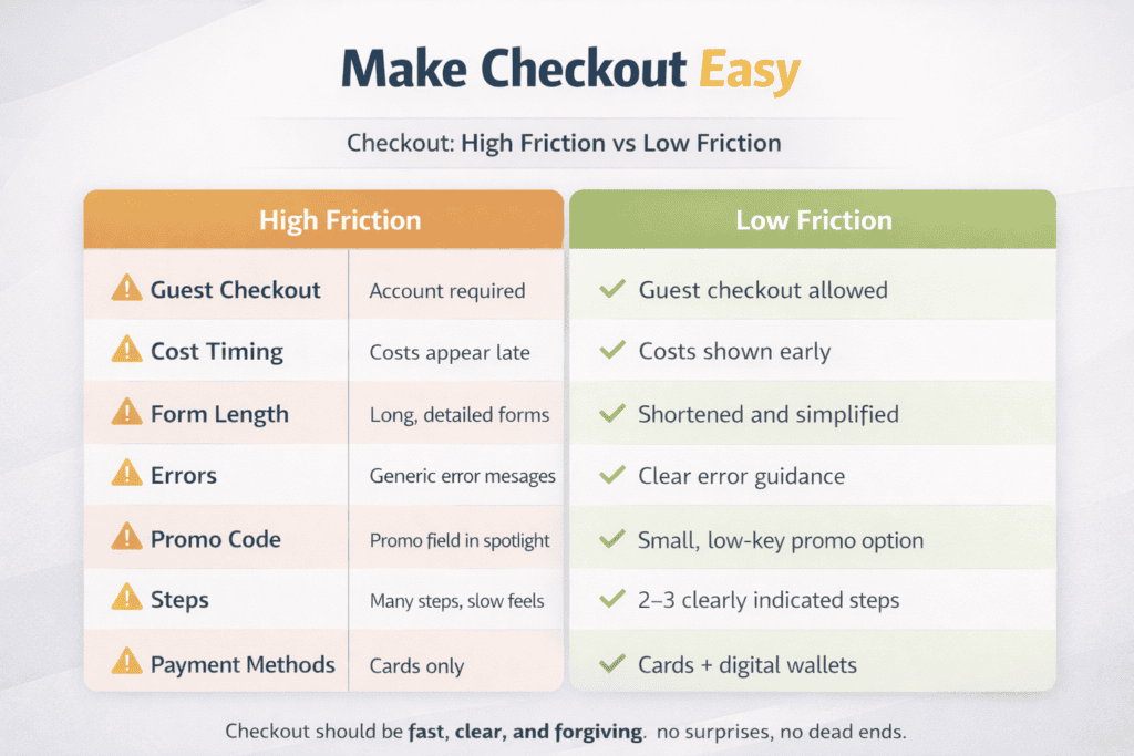 Two-column comparison table showing high-friction checkout issues versus low-friction checkout fixes