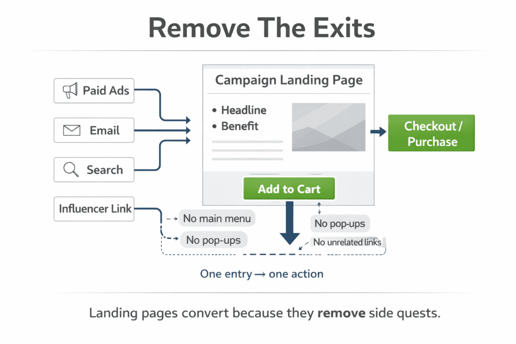 Flow diagram showing multiple traffic sources entering one landing page and leading to one primary action with distractions removed