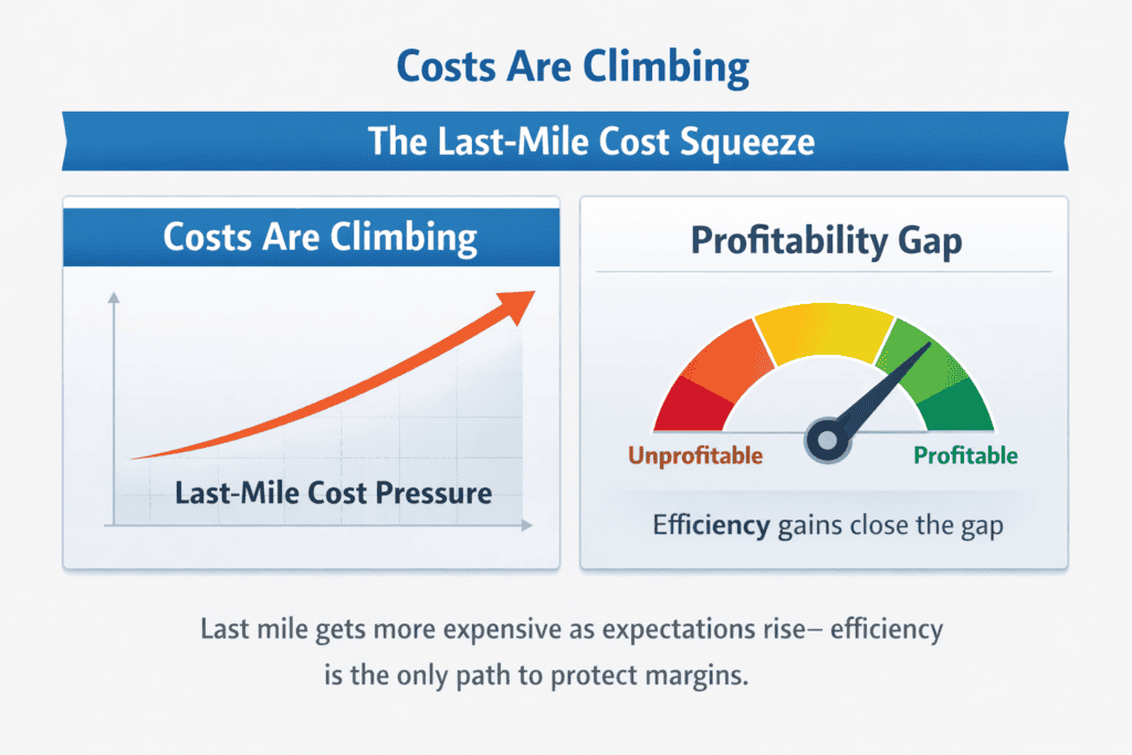Two-panel graphic showing rising last-mile cost pressure and a profitability gap indicator requiring efficiency gains