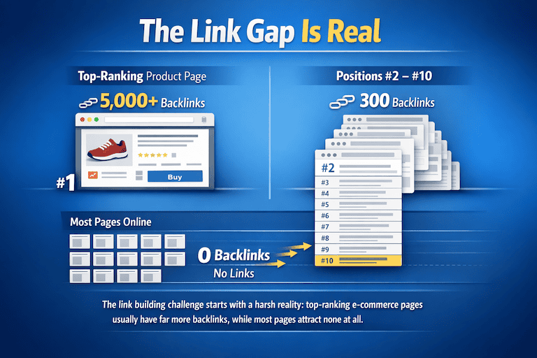 Infographic showing the backlink gap between top-ranking e-commerce pages and lower-ranking results