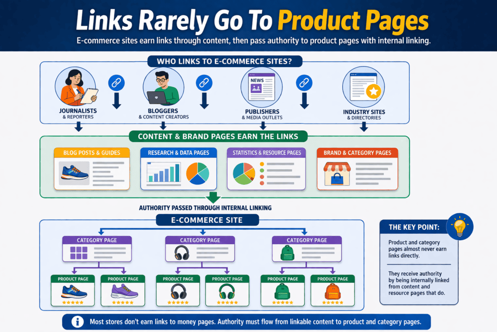 Diagram showing how e-commerce sites earn links through content pages and pass authority to product pages through internal links