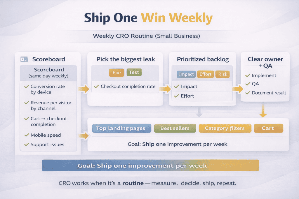 Workflow diagram showing a weekly CRO routine with metrics review, prioritized backlog, and clear ownership to ship improvements