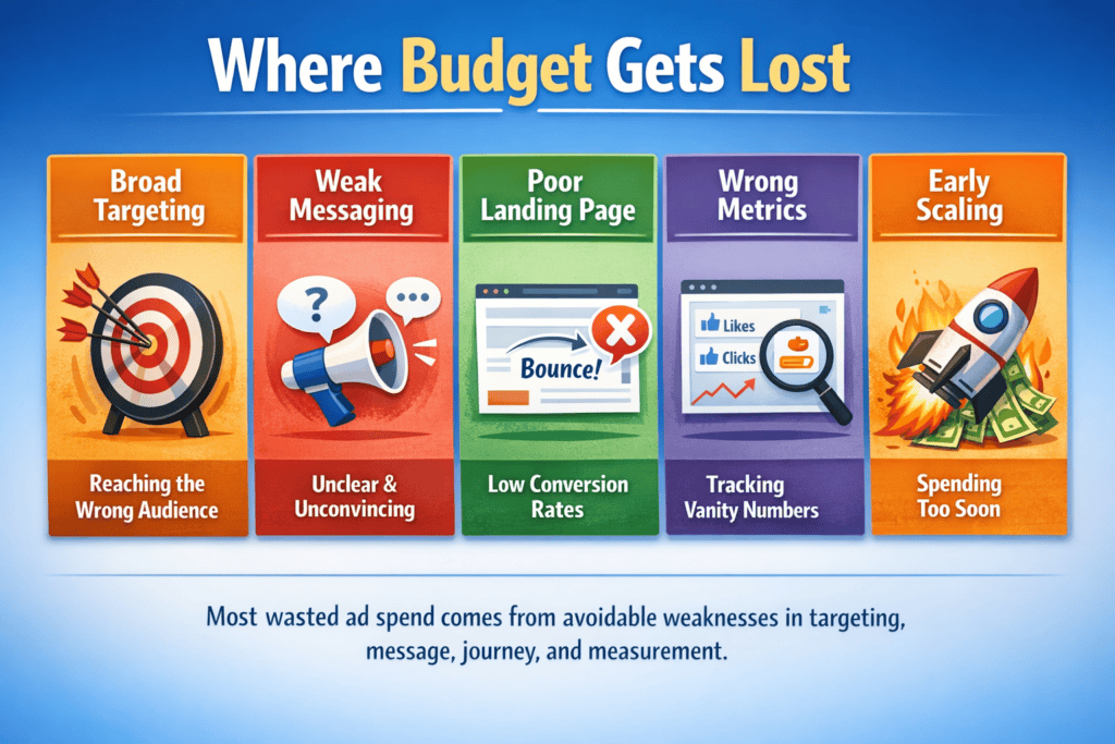 Comparison infographic showing the main reasons businesses waste money on advertising