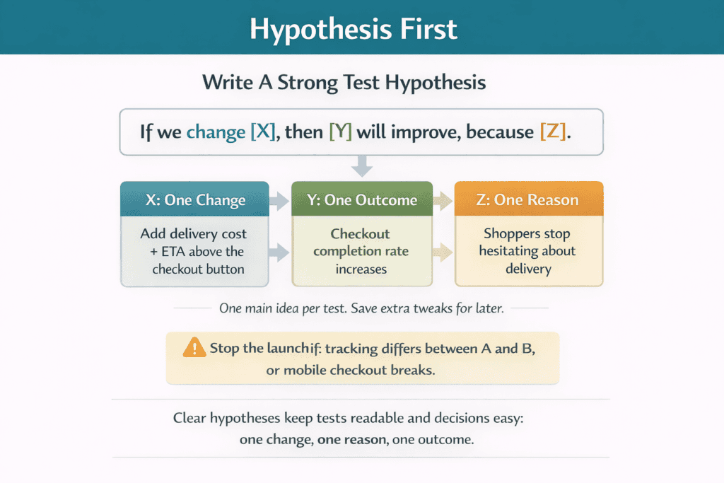 Checklist card showing the minimum setup needed before launching an A/B test on an ecommerce site