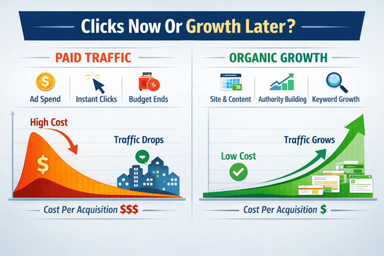 Comparison graphic showing paid traffic stopping when ad spend ends while organic traffic grows steadily over time