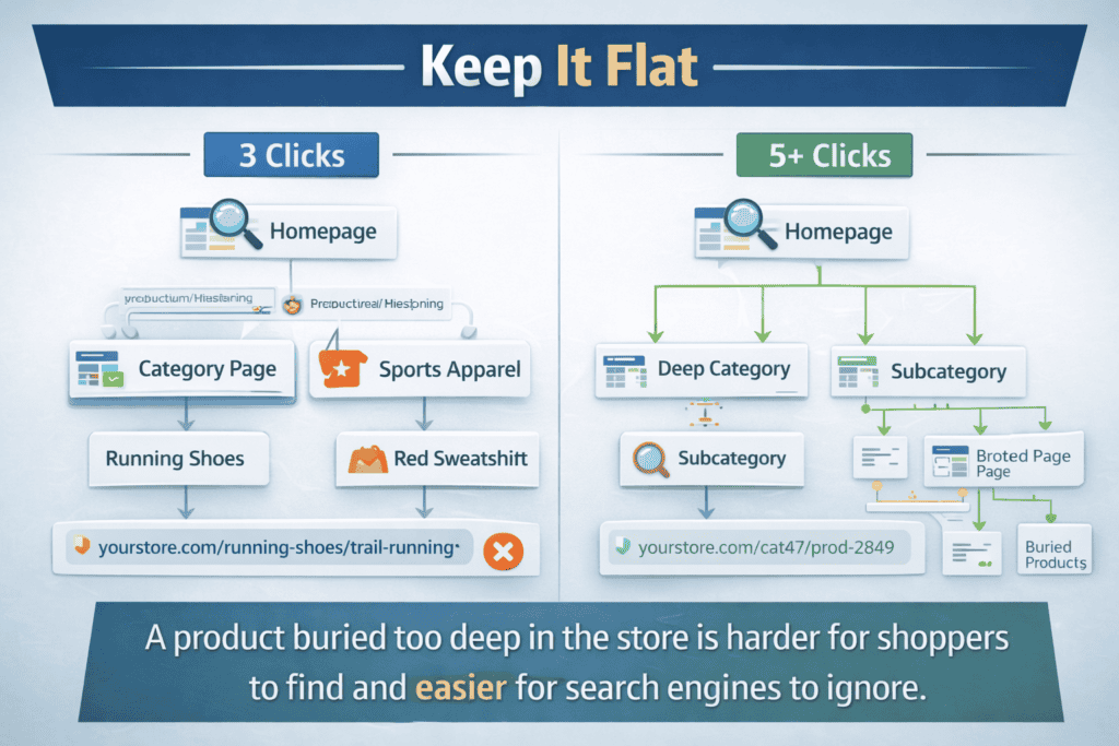 Site structure comparison showing a flat ecommerce hierarchy versus a deep confusing page structure