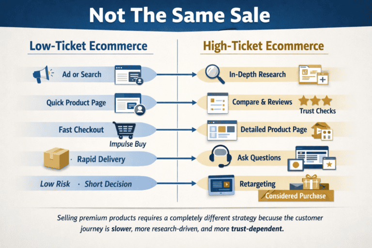 Side-by-side comparison showing the difference between low-ticket and high-ticket ecommerce buying journeys