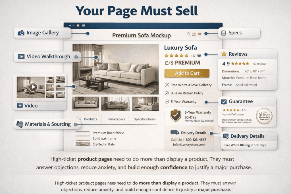 Premium product page mockup showing the key trust and information elements needed for high-ticket ecommerce