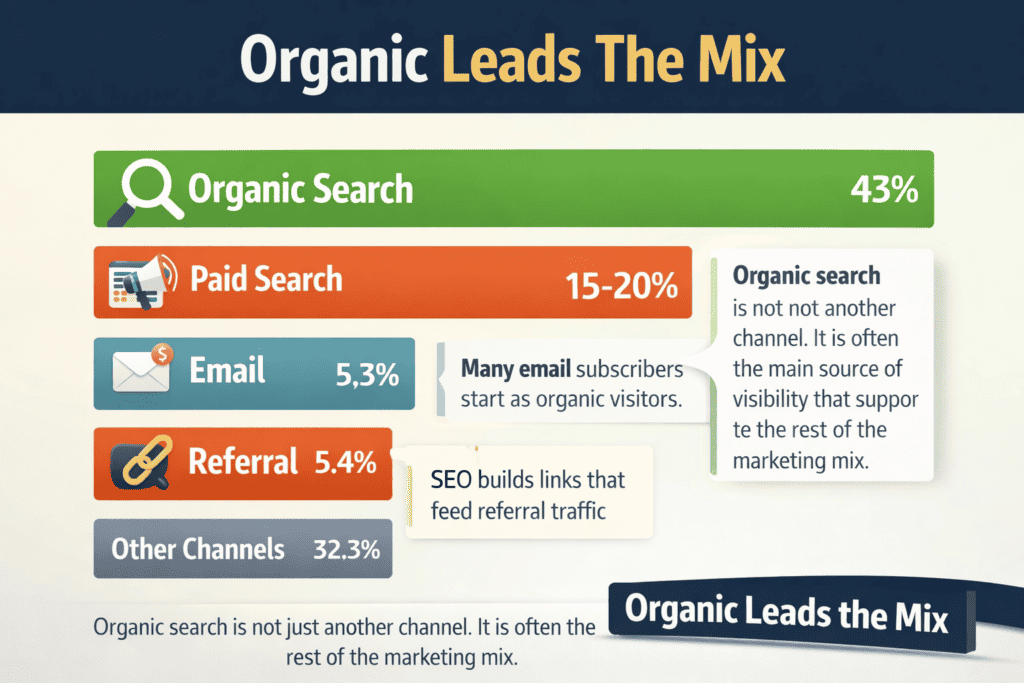 Traffic source infographic showing organic search as the largest source of ecommerce traffic File Name: ecommerce-traffic-source-breakdown