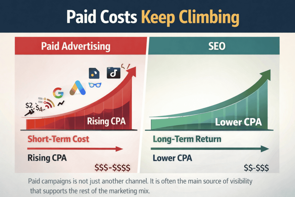 Comparison infographic showing rising paid acquisition costs versus the longer-term economics of SEO