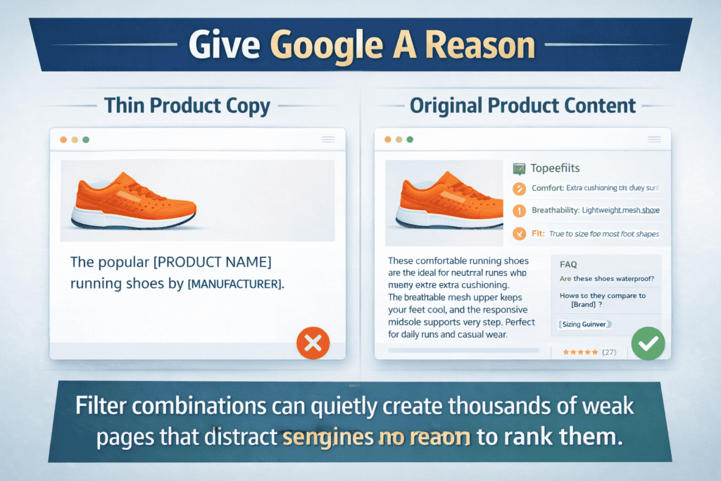 Comparison graphic showing generic product copy beside a richer original ecommerce product page